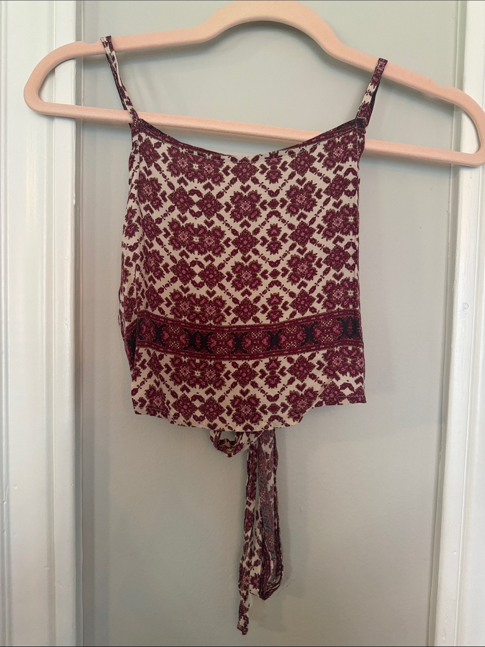 Brandy Melville Cream Crop Tank with Burgundy Geometric Print